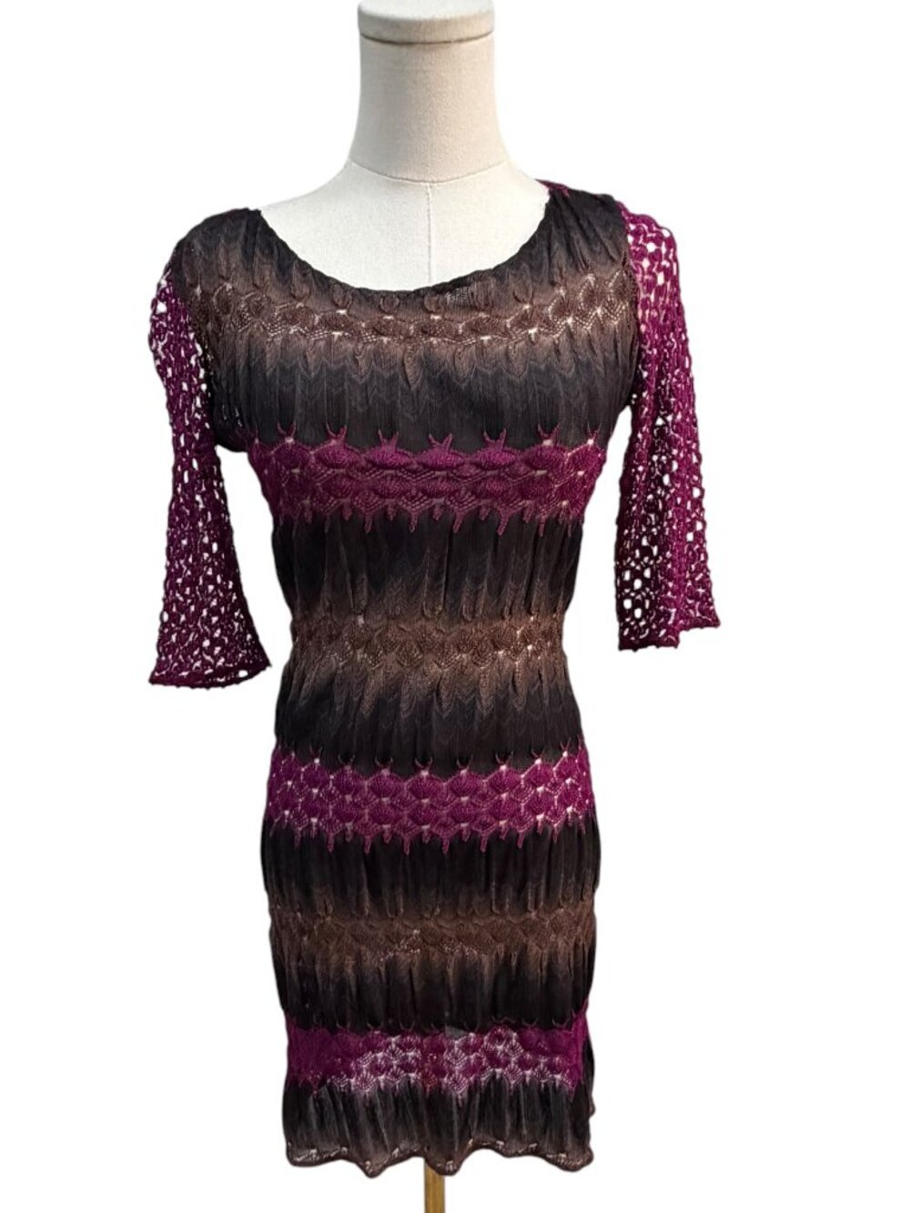 Missoni Orange Label Crochet Knit Mini Dress XS (Est) Purple Brown Sheer - EUC